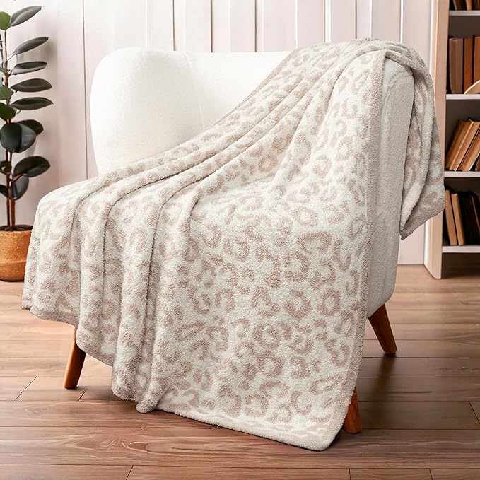 PAVILIA Super Soft Leopard Throw Blanket for Couch, Fluffy Cozy Lightweight Beige Cheetah Blanket, Fuzzy Warm Knit Blanket for Bed Sofa, Tan, 50x60