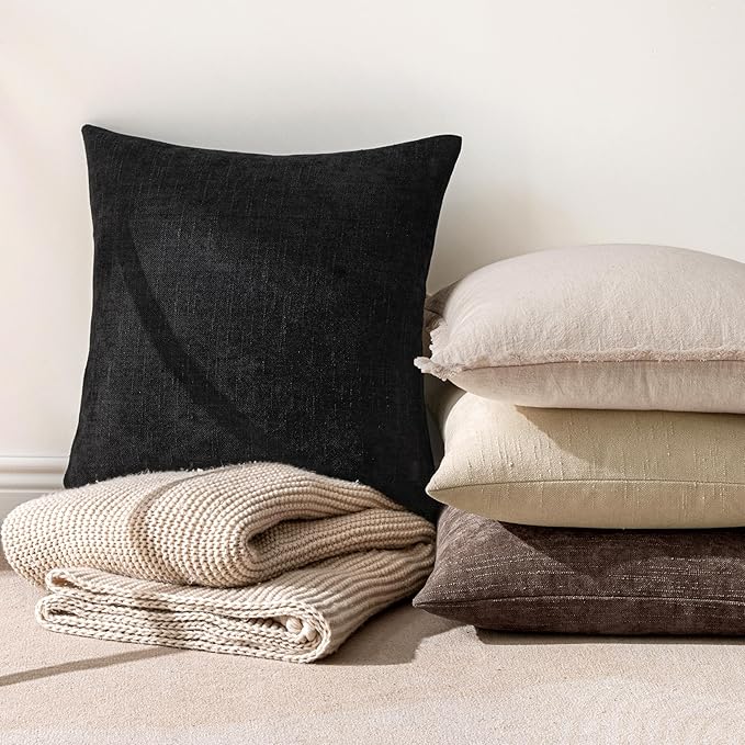 MIULEE Pack of 2 Decorative Throw Pillow Covers Soft Chenille Throw Pillows Solid Neutral Farmhouse Textured Cushion Covers for Couch Sofa Bedroom Living Room 18x18 Inch, Black