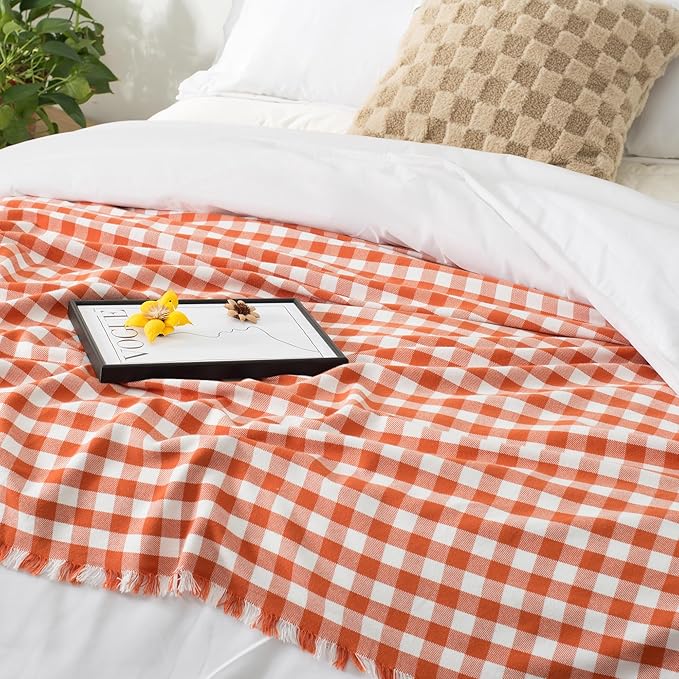 100% Cotton Throw Blanket Plaid Soft Lightweight Cozy Farmhouse Tassels Summer Thin Breathable Throws for Couch Sofa Bed (50" × 60" Orange)