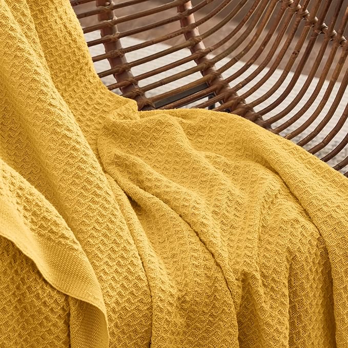 Bedsure Gentlesoft 100% Cotton Blanket Queen Size for Bed - Breathable and Soft for Spring Summer, Thick Cozy Waffle Weave Blanket Gifts for Women, Mustard Yellow, 90x90 Inches
