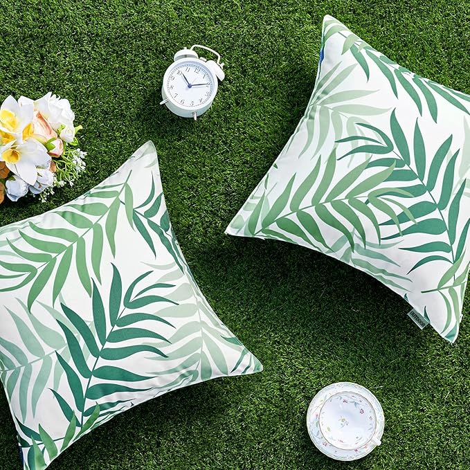 MIULEE Pack of 2 Decorative Outdoor Waterproof Throw Pillow Covers Patio Pillow Cases Natural Leaves Pattern Spring Square Cushion Shams Shell for Garden Balcony Couch 20x20 Inch, Sage Green