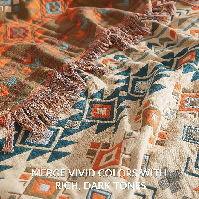 Boho Throw Blanket for Couch Sofa Bed, 100% Cotton Woven Quilt with Tassel 50”x60”, Super Soft Muslin Blanket with Patchwork Printed, Decorative Reversible Bed Blanket/Cover for All Seasons