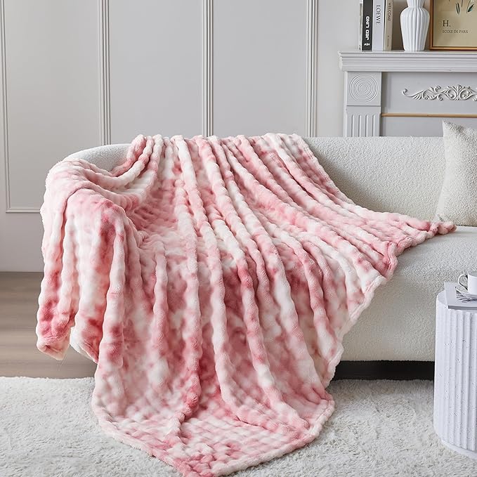 3D Bubble Plush Blanket Textured Fleece Throw Soft Warm Cozy Blanket Couch Bed Tie Dye Pink 50x60 Inches