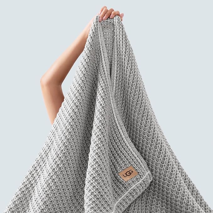 UGG Luna Knit Blanket Throw Cotton Chunky Soft Throw for Couch or Bed Cozy Warm Waffle Giftable Lightweight Blanket for Living Room Bedroom or Dorm Machine Washable, 50-inch x 70-inch, Stone Grey