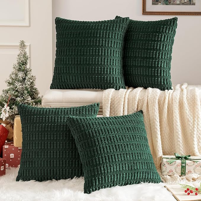 MIULEE Pack of 4 Christmas Dark Green Corduroy Decorative Throw Pillow Covers 20x20 Inch Soft Boho Striped Pillow Covers Modern Farmhouse Home Decor for Sofa Living Room Couch Bed