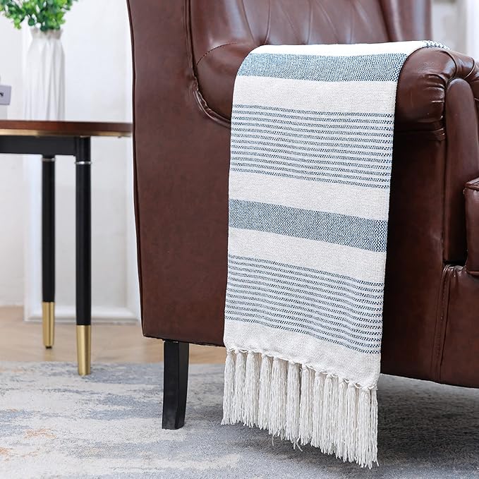 Decorative Blue White Striped Throw with Fringe, Soft Chenille Knitted Farmhouse Lightweight Blanket with Tassels for Couch Sofa Chair Bed Office Home Décor, Blue and Ivory, 60" x 80"
