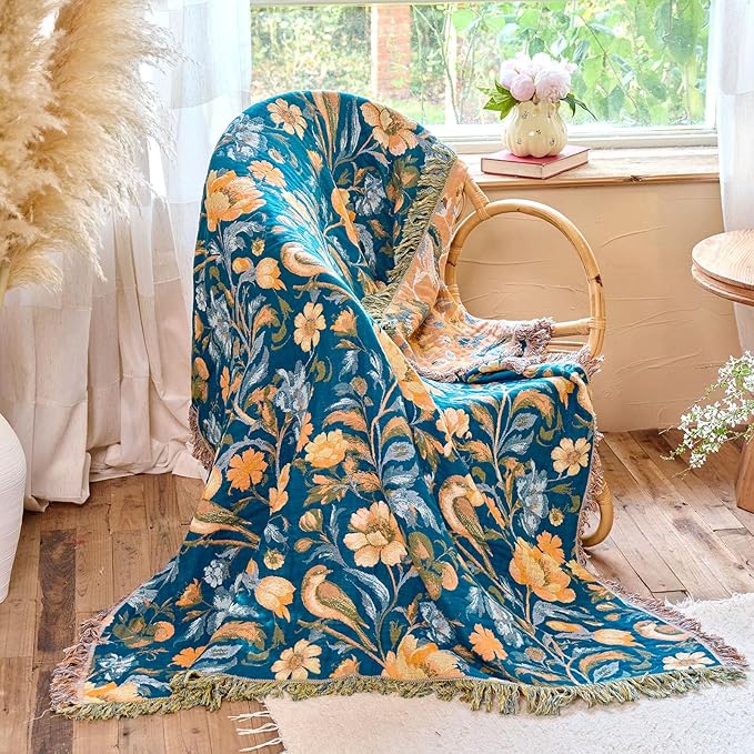 Boho Throw Blanket 60"x80" 100% Cotton Floral Twin Size Bed Blanket with Flower Bird,Reversible Soft Breathable Lightweight Spring Decorative Blankets with Fringe for Couch Sofa Decor All Season