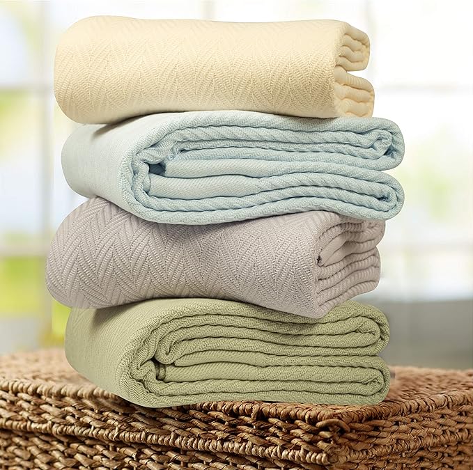 Threadmill Luxury Cotton Blankets for Twin Size Bed | All-Season 100% Cotton Twin Blanket for Bed | Herringbone Soft & Cozy Fall Thermal Blanket, 350GSM, 68x92 inches | White