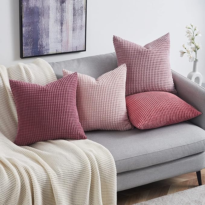Topfinel Large Couch Throw Pillows Covers 20x20 Inch Set of 4,Accent Corduroy Striped Pink Decorative Euro Shams,Summer Home Decor Cushion Case for Beach,Patio,Balcony