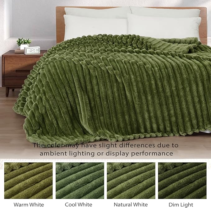 Exclusivo Mezcla Fleece Throw Blanket for Couch, Super Soft Striped Jacquard Bed Blanket, Lightweight Fuzzy Cozy for All Seasons, 50x60 Inches, Olive Green