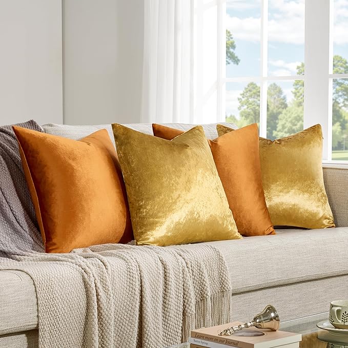 GIGIZAZA Pillow Covers 16x16 Set of 4,Gold Orange Velvet Soft Pillow Covers Decorative Square Modern Pillows Cushion Cases for Living Room