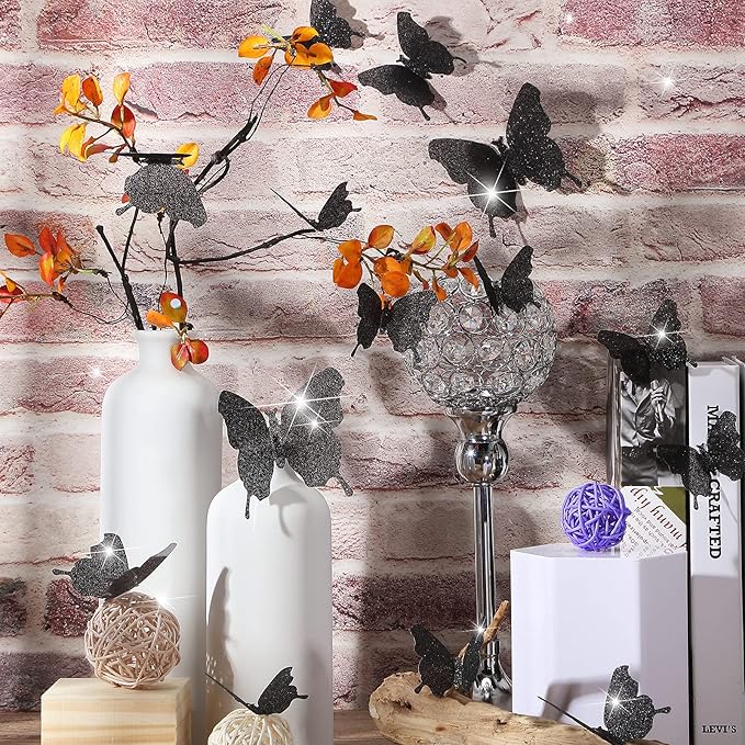 BBTO 48 Pieces Butterfly Wall Decor DIY 3D Mirror Butterfly Stickers Removable Decals Crafts for Birthday Party Bedroom School Bathroom Living Room Decor(Glitter Black)