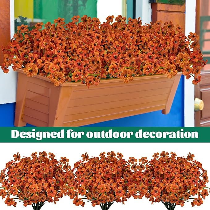 Lnoicy 12 Pcs Artificial Flowers for Outdoor,Plastic Flowers Decoration, UV Resistant Faux Flowers Shrubs, Artificial Plants for Indoor Outside Garden Home Wedding Farmhouse(Orange)