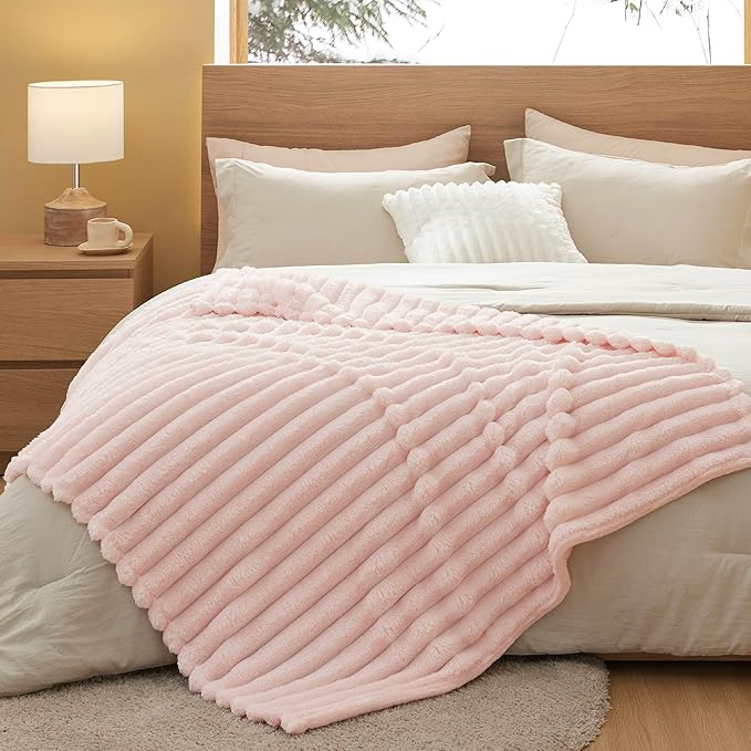 Bedsure Twin Blanket for Bed - 350GSM Super GentleSoft Fuzzy Fluffy Cozy Blankets for Women, Cute Small Plush Fleece Throws for Girls, Pink，60x80 Inches, Wider Striped Design