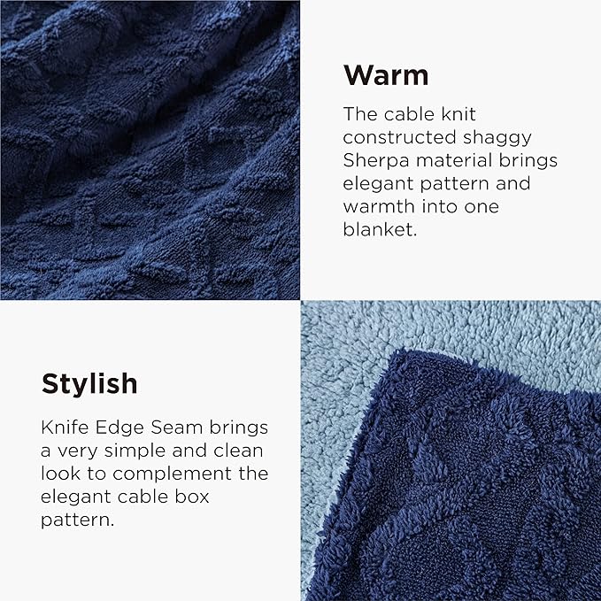 Bedsure Gentlesoft Sherpa Queen Size Blanket for Bed - Fleece Fluffy & Cozy Cable Jacquard Tufted for Women Gift, Thick and Warm Christmas Blanket for Winter, Navy, 90x90 Inches
