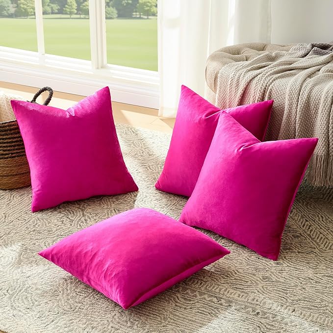 GIGIZAZA Set of 4 Hot Pink Throw Pillow Covers 18x18 Soft Velvet Pillow Covers Modren Decorative Pillows Covers Couch Sofa Living Room Pillowcase