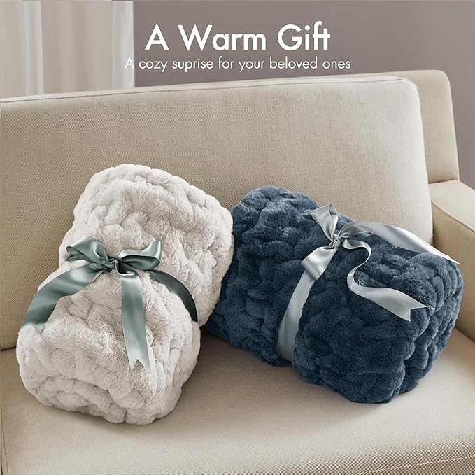 Madison Park Ruched Luxury Throw Premium Soft Cozy Brushed Long Faux Fur For Bed, Couch or Sofa, 50"x60", Slate Blue