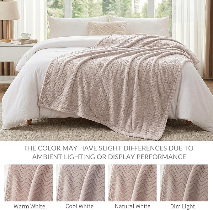 Exclusivo Mezcla Soft Fleece Blanket King Size, Cozy Lightweight Blankets with Decorative Wave Textured Suitable for All Season Use, Camel, 90x104 Inches