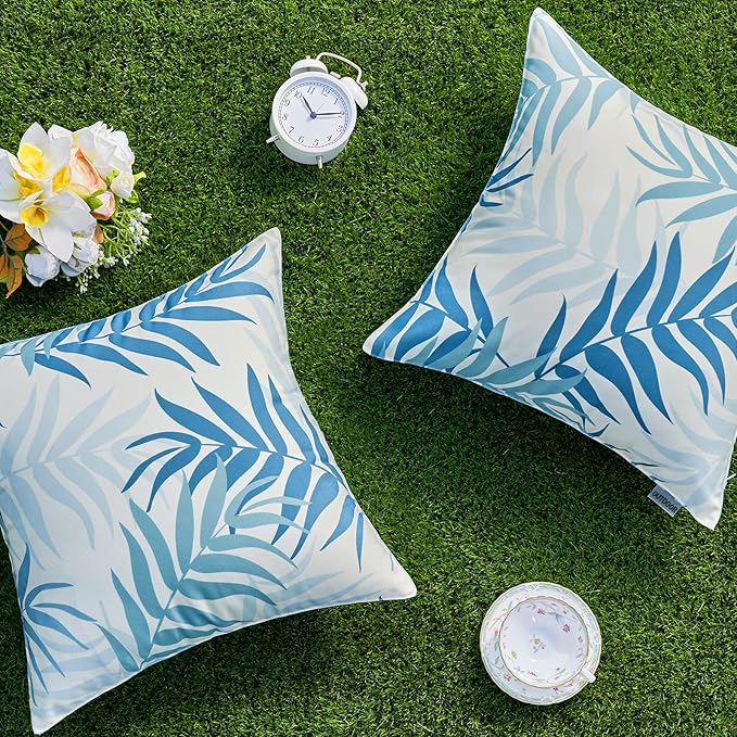 MIULEE Pack of 2 Decorative Outdoor Waterproof Throw Pillow Covers Patio Pillow Cases Natural Leaves Pattern Spring Square Cushion Shams Shell for Garden Balcony Couch 20x20 Inch, Light Blue