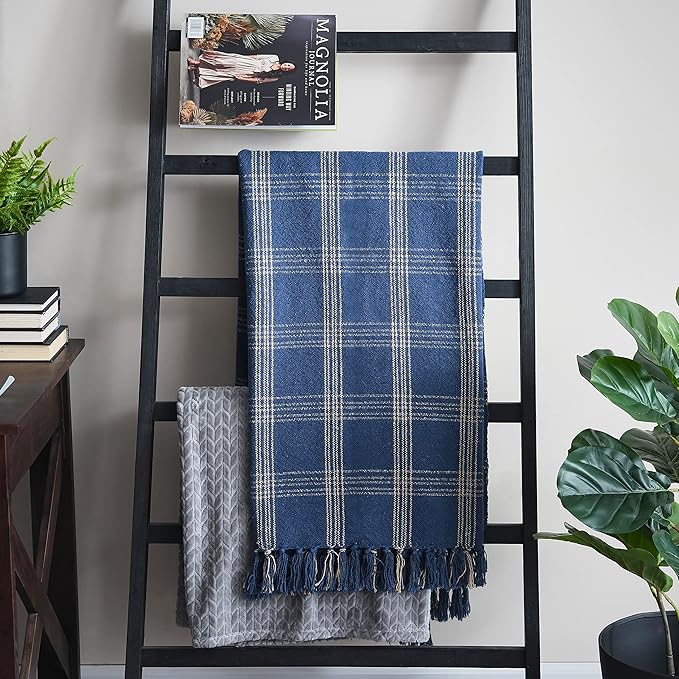 Creative Co-Op Recycled Cotton Blend Throw Blanket with Fringe, Blue Plaid (Pack of 4)
