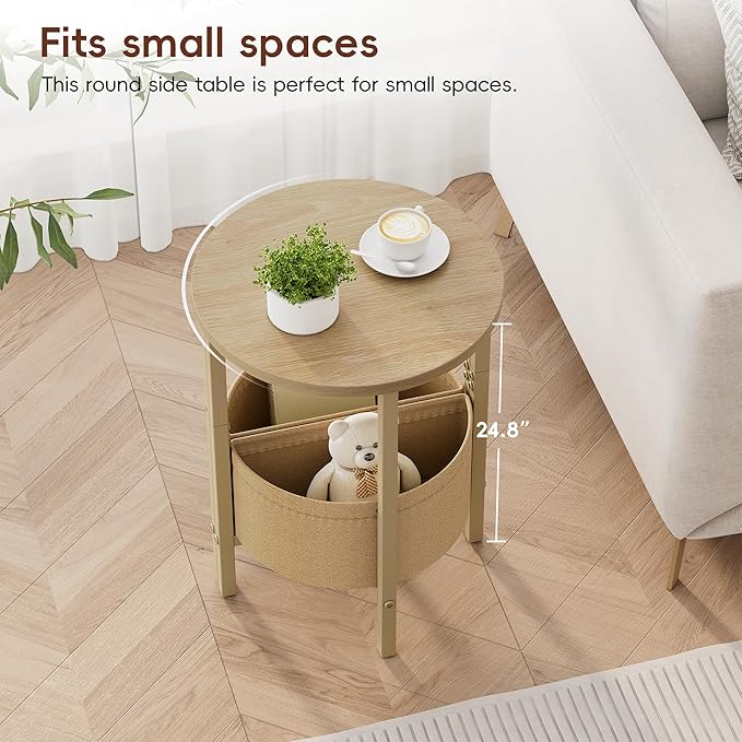 Vagusicc Small Round Side Table End Table, Tall Accent Table with Storage Basket, Set of 2 Half Round Tables Half Moon Tables, Coffee Bedside Tables, Modern Nightstand for Living Room Bedroom,Natural