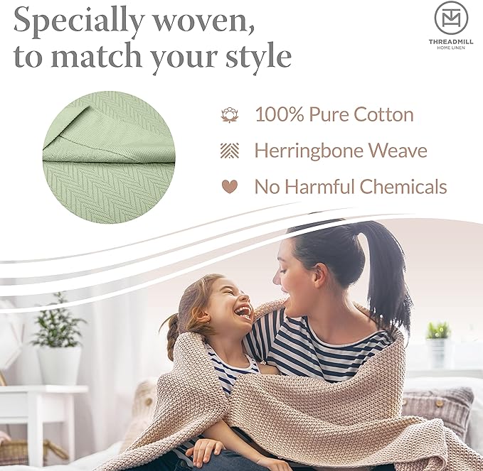 Threadmill Luxury Cotton Blankets for Twin Size Bed | All-Season 100% Cotton Twin Blanket for Bed | Herringbone Soft & Cozy Fall Thermal Blanket, 350GSM, 68x92 inches | Sage Green