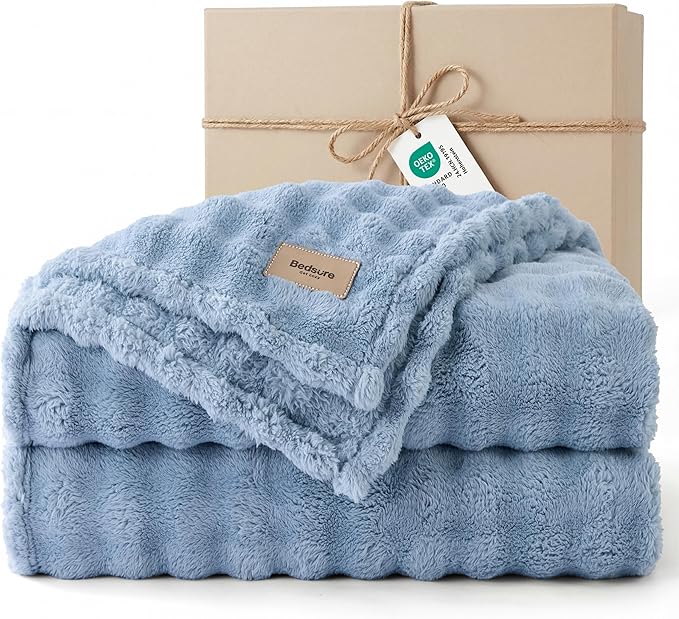Bedsure 3D Fleece Bubble Blanket - GentleSoft Blue Queen Blanket for for Bed Sofa Room Decor - Luxury Soft Cozy Spring Gifts for Her, Lightweight, All Seasons, Celestial Blue, 90"×90"