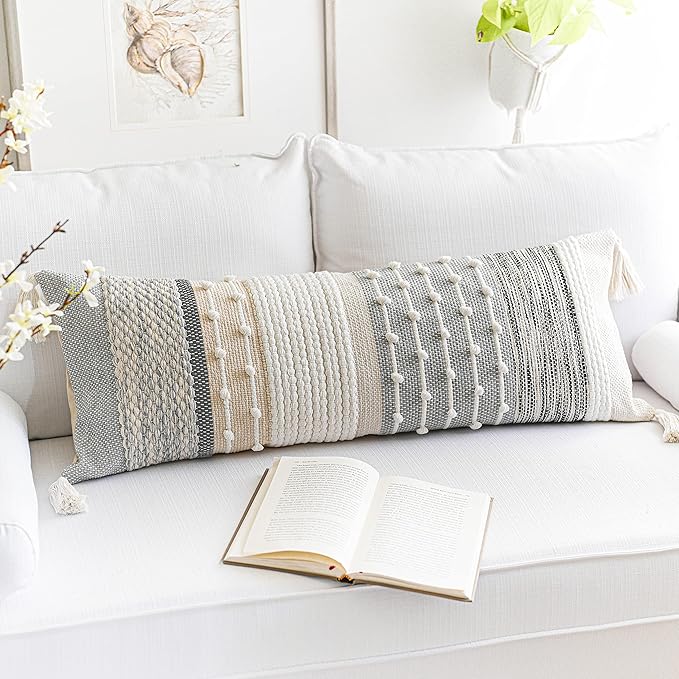 BlissBlush Gray Boho Lumbar Throw Pillow Cover 14x36 Grey Accent Long Body Lumbar Pillow for Bed Decorative Modern Bohemian Woven Textured Lumbar Pillow for Bed Cover ONLY
