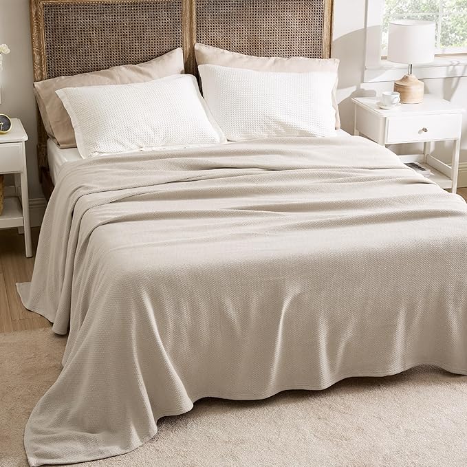 Bedsure GentleSoft 100% Cotton Blanket King Size for Bed - Breathable and Lightweight, Soft Cozy Textured Herringbone Woven Blanket for Summer Spring, Linen Beige, 108x90 inches