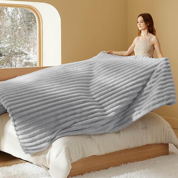 Bedsure Blankets Queen Size for Bed - 350GSM Super GentleSoft Fuzzy Fluffy Cozy Blankets for Women, Cute Large Plush Fleece Throws for Girls, Light Grey，90x90 Inches, Wider Striped Design