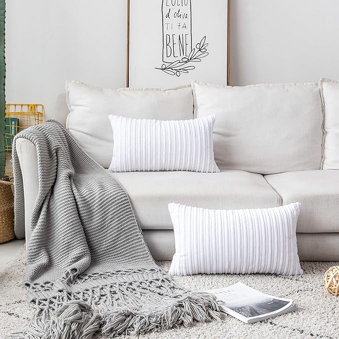 UGASA Velvet Pillow Covers Striped, Decorative Throw Cushion Case with Hidden Zipper for Home Couch/Bedroom/Car, Soft Cozy Solid Oblong, 1 Piece (12"x20", Pure White)