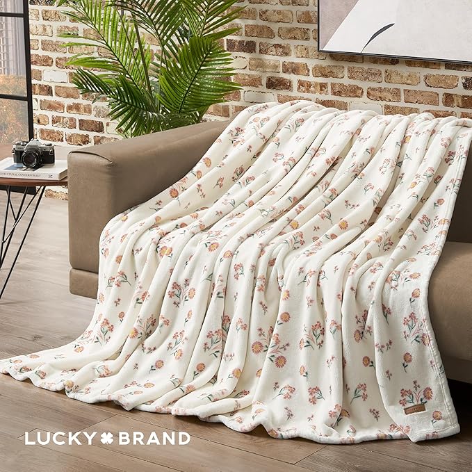 Lucky Brand Daisy Ivory Floral 66"X90" Cozy Plush Blanket - Premium Microfiber Throw for Luxurious Comfort and Style Twin/Twin XL Size