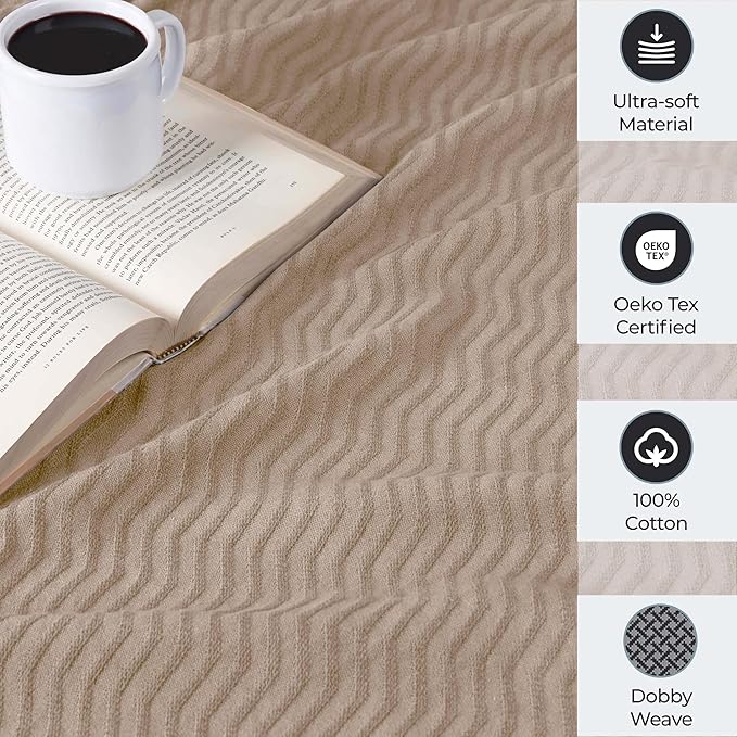 Superior JENA Cotton Blanket, for Picnic, Beach, Traveling or Camping, Bedroom Decor, Essentials, Cover for Bed, Couch, Lounging, Textured Jacquard, Modern Chevron Woven Blanket, Full/Queen, Khaki