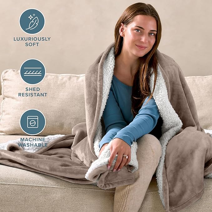 Bare Home Sherpa Fleece Blanket - Throw/Travel Size - Blanket for Bed, Sofa, and Couch - Warm & Lightweight - Fluffy & Soft - Reversible (Throw/Travel, Taupe)