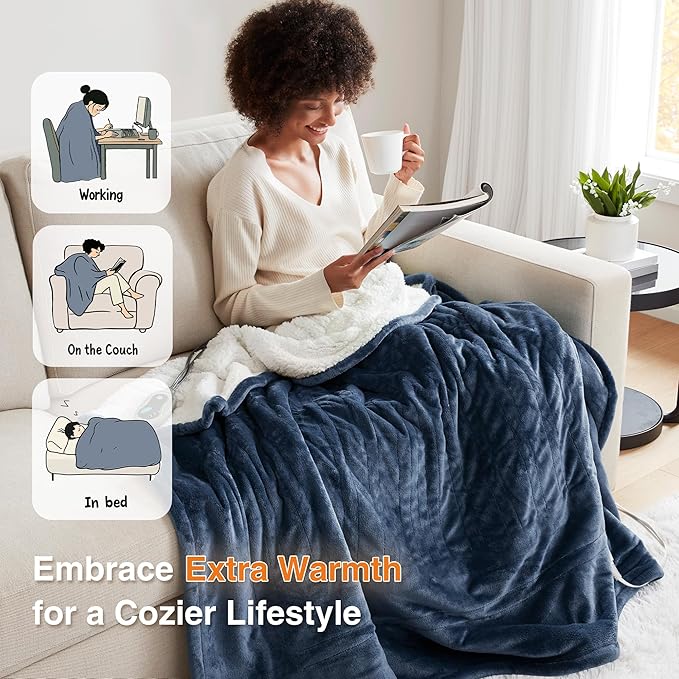 Beautyrest Heated Blanket, Electric Throw Blanket, Soft, Warm, Reversible Plush - Sherpa Heating Blanket Throw, 3 Heat Settings, 2 hr Auto Shut Off, Machine Washable, Oversized 60 in x 70 in, Indigo