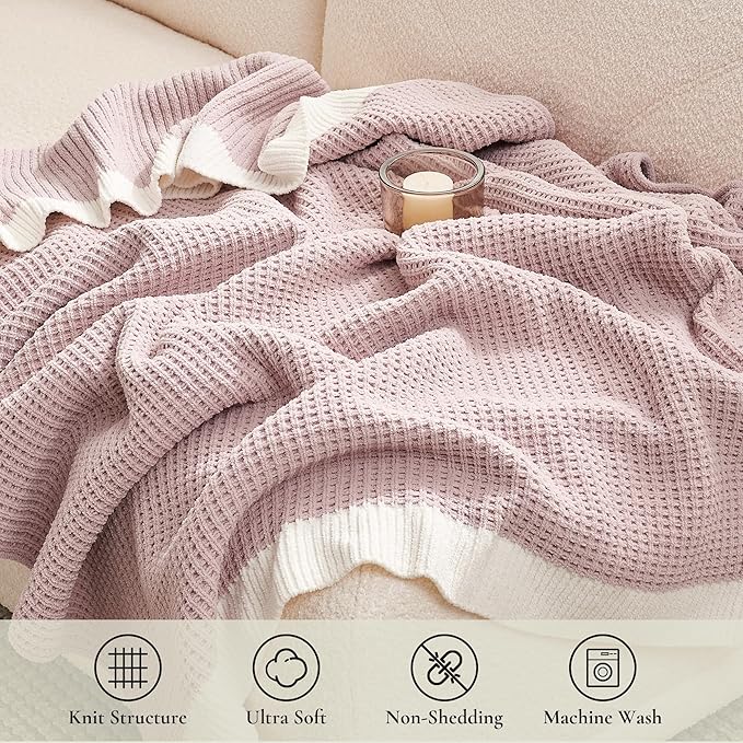 Amélie Home Waffle Throw Blanket for Couch, Soft Cozy Chenille Knit Blanket Warm Decorative Throw for Sofa, 50"x60", Pink