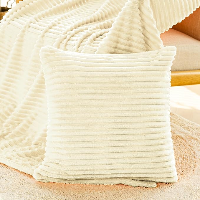 Vessia Flannel Fleece Cream Throw Blanket(50x71 Inch) for Couch with Pillow Cover(18 * 18 Inch), Warm Cozy Soft Striped Pattern Blanket, Microfiber Ivory Ribbed Sofa Throw for All Season