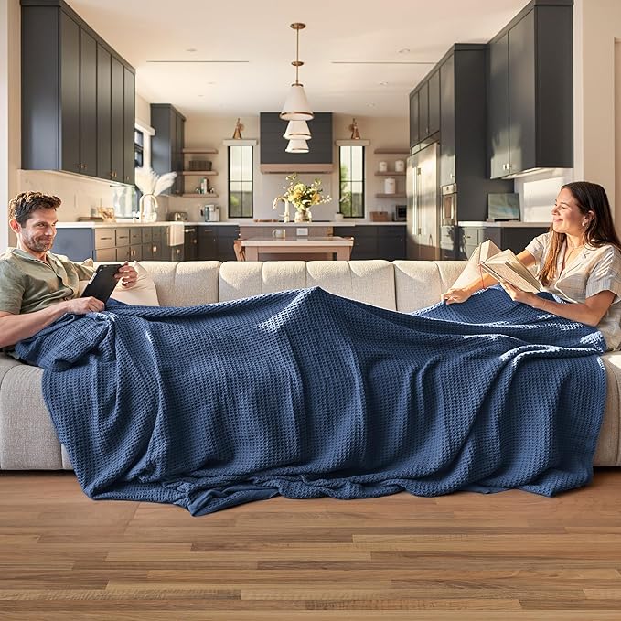 Bedsure Gentlesoft 100% Cotton Throw Blanket for Couch 50x70 inches - Cooling Breathable and Soft for Spring Summer, Waffle Weave Throw Blanket for Office, Navy