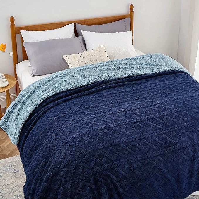 Bedsure Gentlesoft Sherpa Queen Size Blanket for Bed - Fleece Fluffy & Cozy Cable Jacquard Tufted for Women Gift, Thick and Warm Christmas Blanket for Winter, Navy, 90x90 Inches