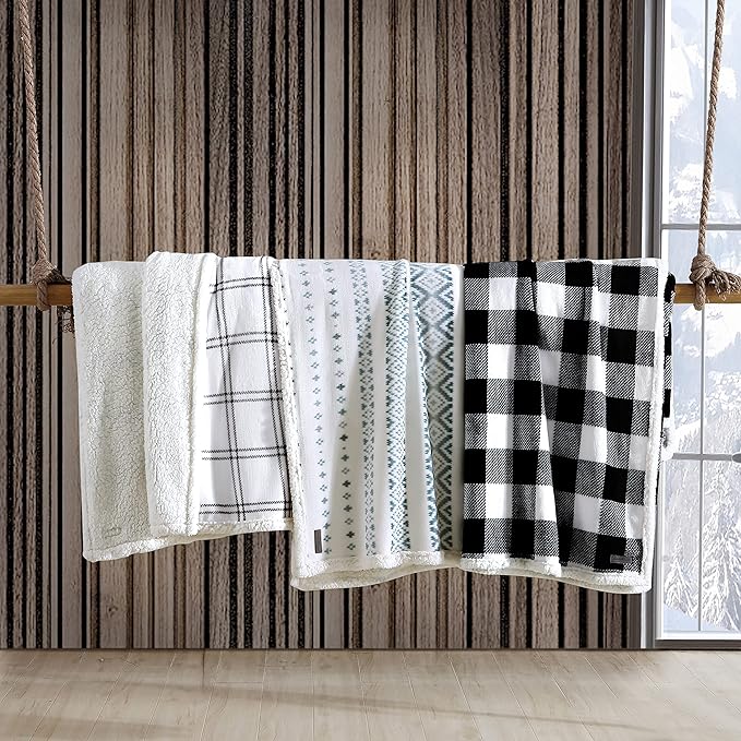Eddie Bauer - King Blanket, Reversible Sherpa Fleece Bedding, Buffalo Plaid Home Decor for All Seasons (Black Check, King)