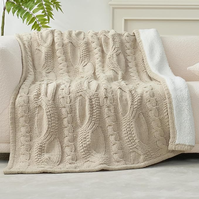 Amélie Home Cable Knit Throw Blanket for Couch, Chenille Sherpa Soft Cozy Throw Blankets for Sofa Chair Comfortable Home, 50"x60", Beige