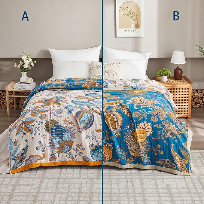 Boho Throw Blanket for Bed,100% Organic Cotton Throw Blankets for Bedroom,Living Room,4-Layer Breathable Muslin Blankets for Adults,Beige and Blue, 60"x80"