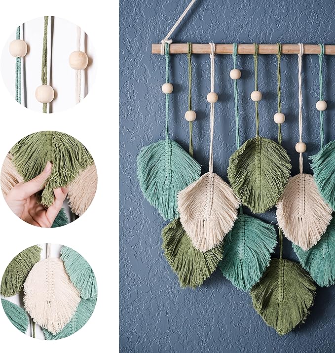 SnugLife Macrame Wall Hanging Leaves - Large Chic Feather Boho Decor, Handmade Yarn Woven Art Leaf Tapestry for Nursery, Bedroom, Living Room, 17 X 22 Inch (Green, Sage Green & Beige)