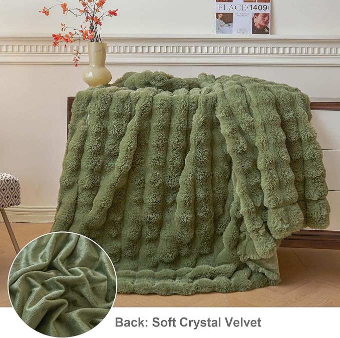 LIFEREVO Fluffy Faux Rabbit Fur Bubble Throw, Plush Shaggy Blanket for Couch Sofa Chair, Soft Cute Moss Furry Blanket Adults Kids Teens Girls, Fuzzy Throw for Bedroom Living Room, 50x60, Sage Green