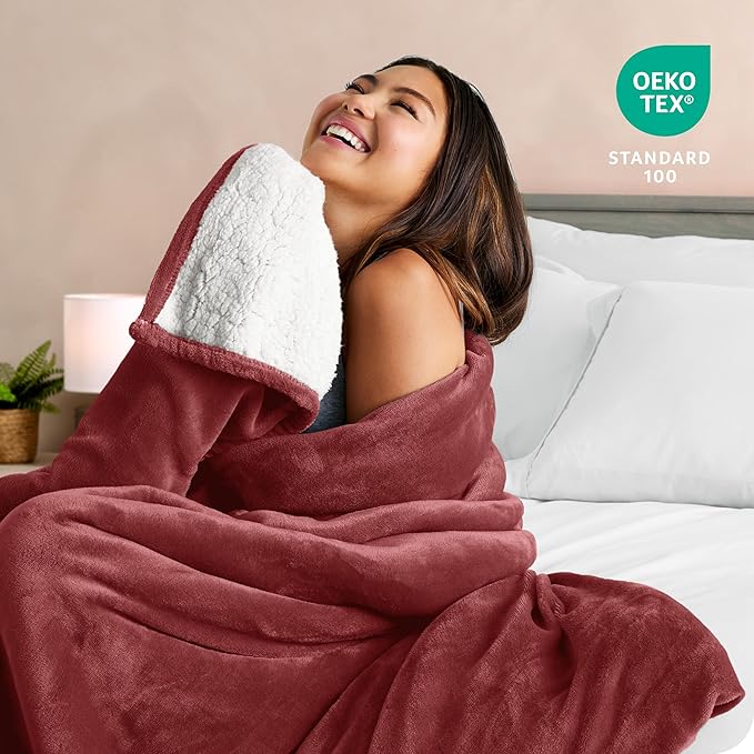 Bare Home Sherpa Fleece Blanket - Full/Queen Size - Blanket for Bed, Sofa, and Couch - Warm & Lightweight - Fluffy & Soft - Reversible (Full/Queen, Rosewood)