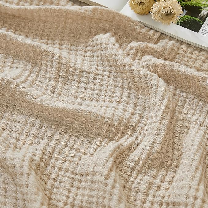EMME Cotton Muslin King Blanket Breathable Gauze Soft Lightweight Blankets Adults Gifts for Women (Heather Beige, 108"x90")
