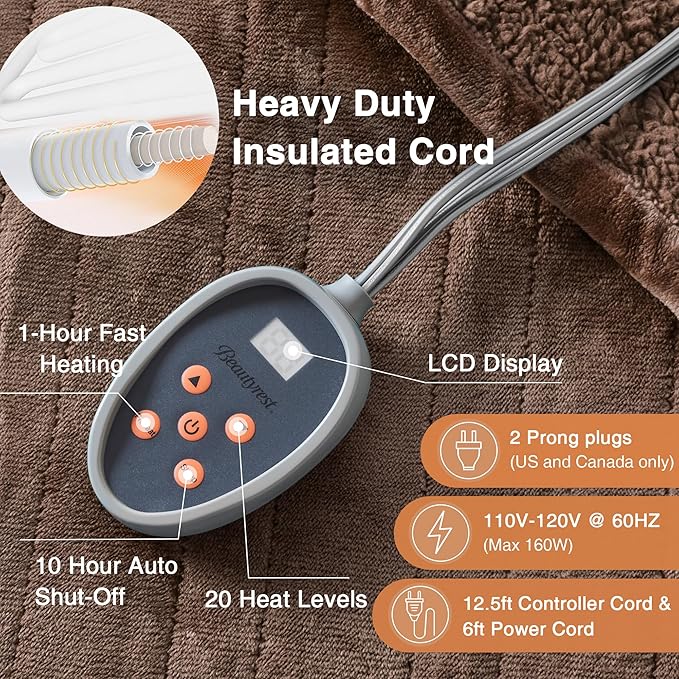 Beautyrest Heated Blanket, Electric Blanket, Soft, Warm, Reversible Plush - Sherpa Heating Blanket with 20 Heat Settings, 1-10 hrs Timer Auto Shut Off, Machine Washable, Full (84 inx80 in), Chocolate
