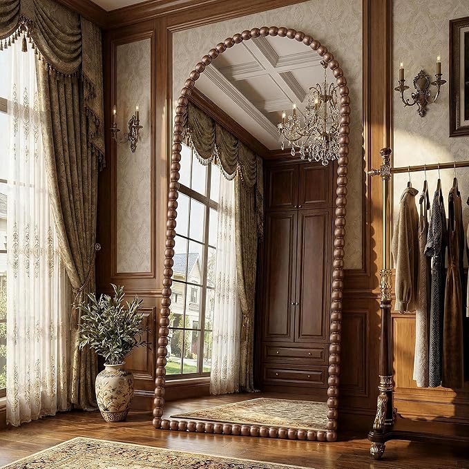 Antok 76" x 34" Arched Full Length Mirror, Antique Beaded Frame Floor Standing or Wall Mounted Mirror with Stand for Bedroom, Entryway, Brown, Luxury Style
