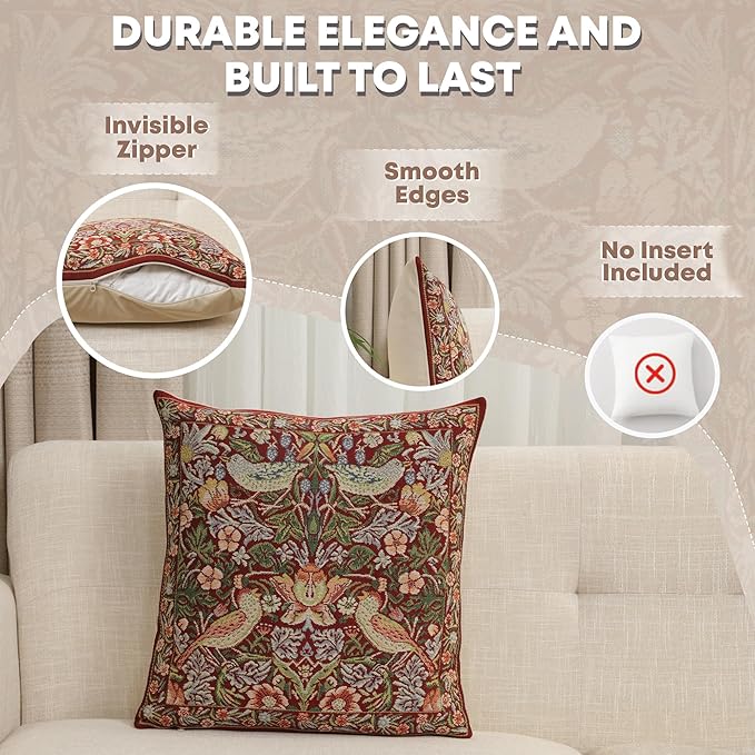 Charlotte Home Furnishings Throw Pillow Covers 16x16 in Red Strawberry Decorative Couch Pillow Covers Boho European Tapestry Cushion Cases Living Room Cozy Home Decor Jacquard Woven Soft Cotton