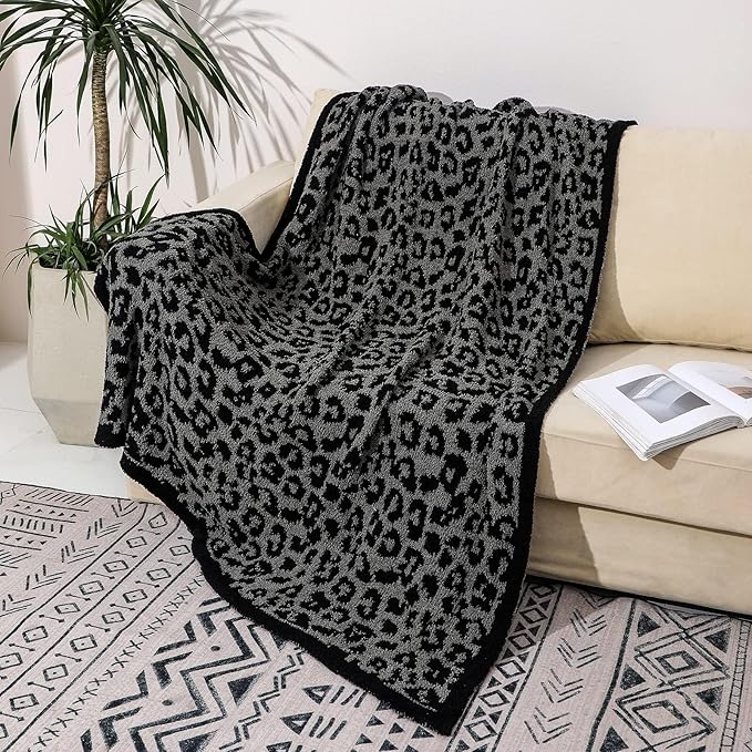 bearberry Fuzzy Leopard Knitted Throw Blanket Soft Cozy Warm Microfiber Blanket for Couch Sofa Bed Travel(Graphite/Carbon,40"x50")
